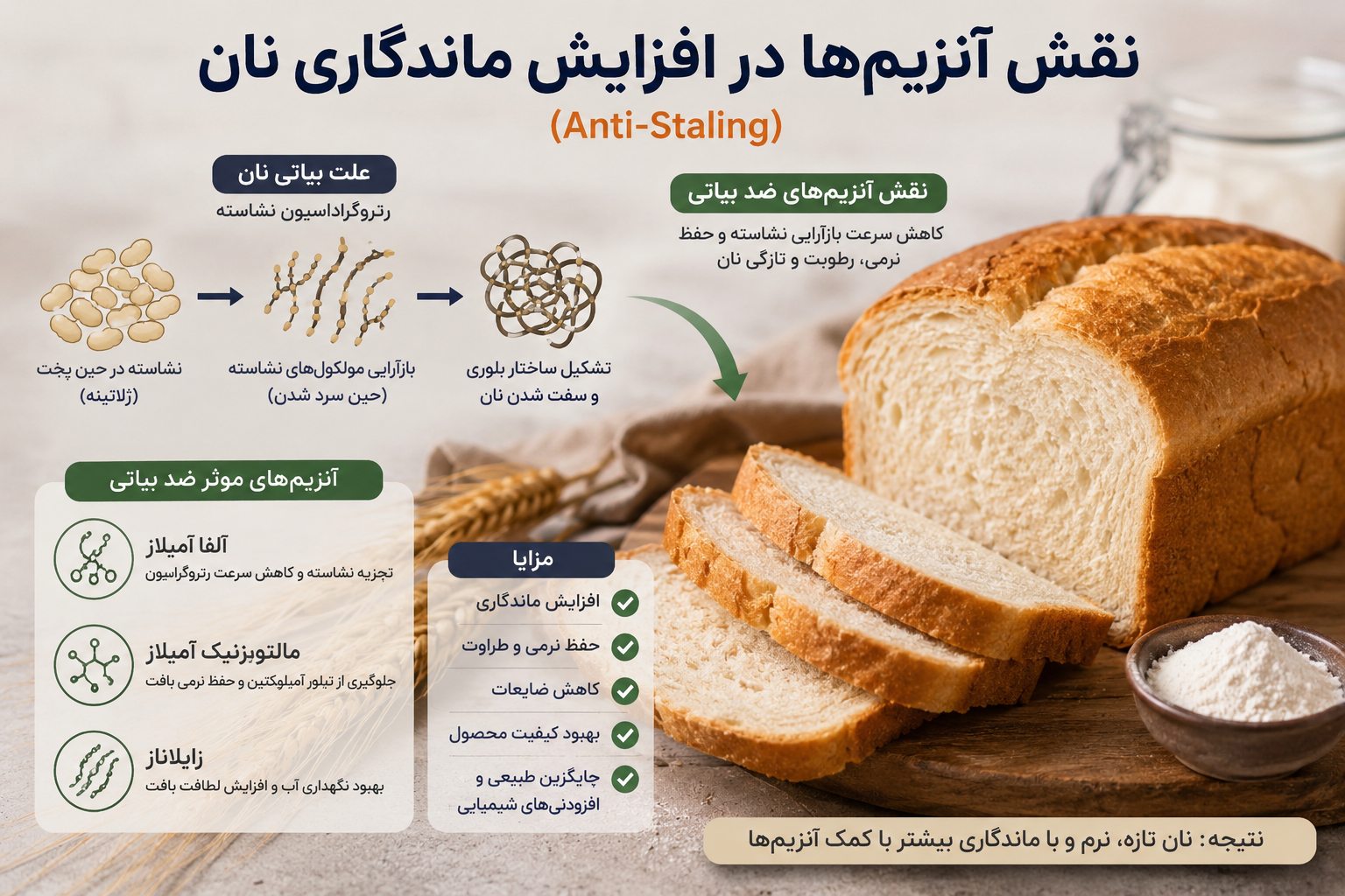 نقش آنزیم‌ها در افزایش ماندگاری نان (Anti-Staling)؛ راهکاری مؤثر برای کاهش بیاتی نان